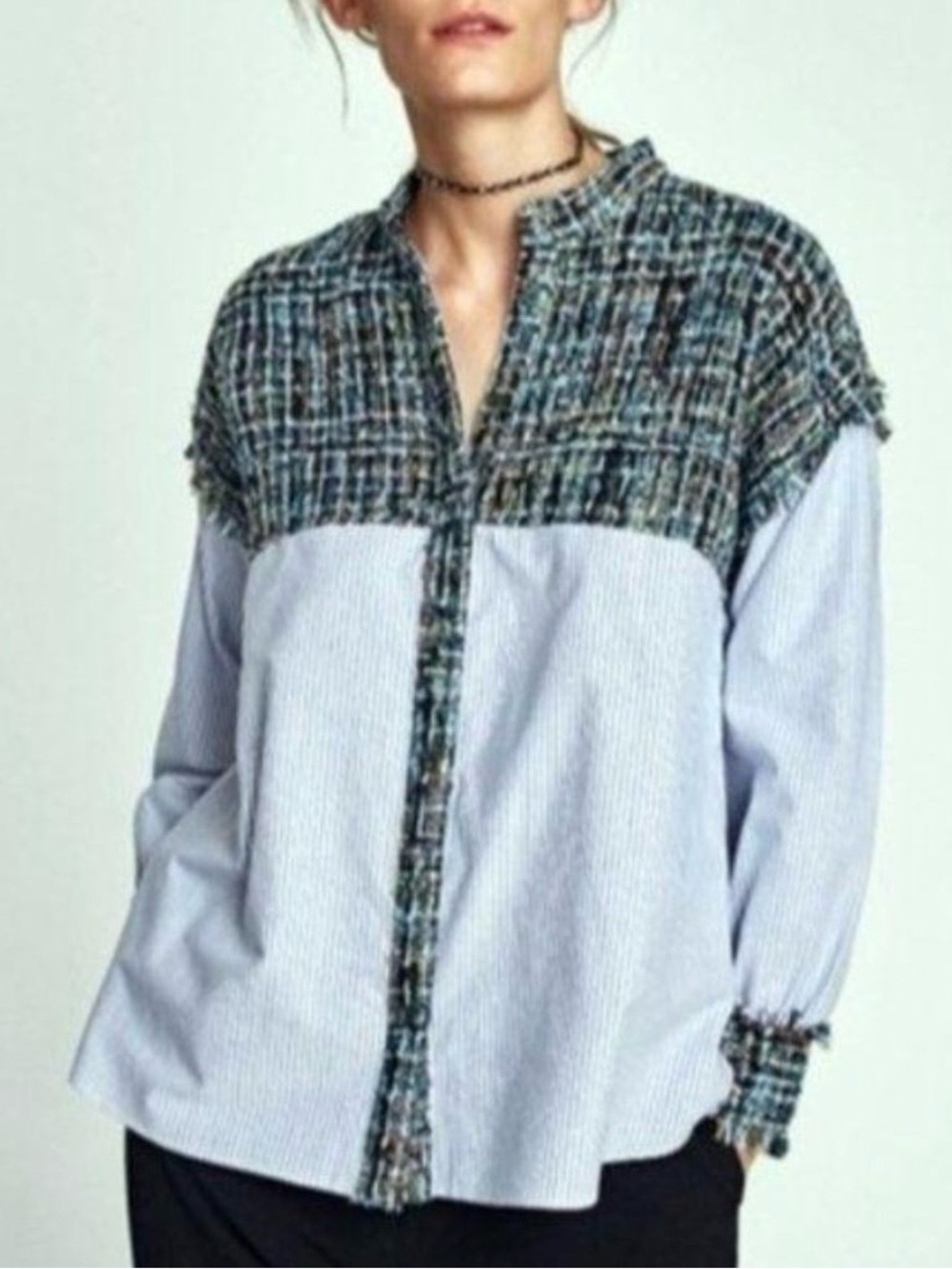 Zara Blue Striped Button-Down Shirt with Tweed Yoke
